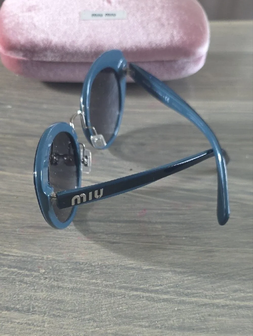 Miu Miu Blue Cat-Eye Sunglasses with Pink Velvet Case